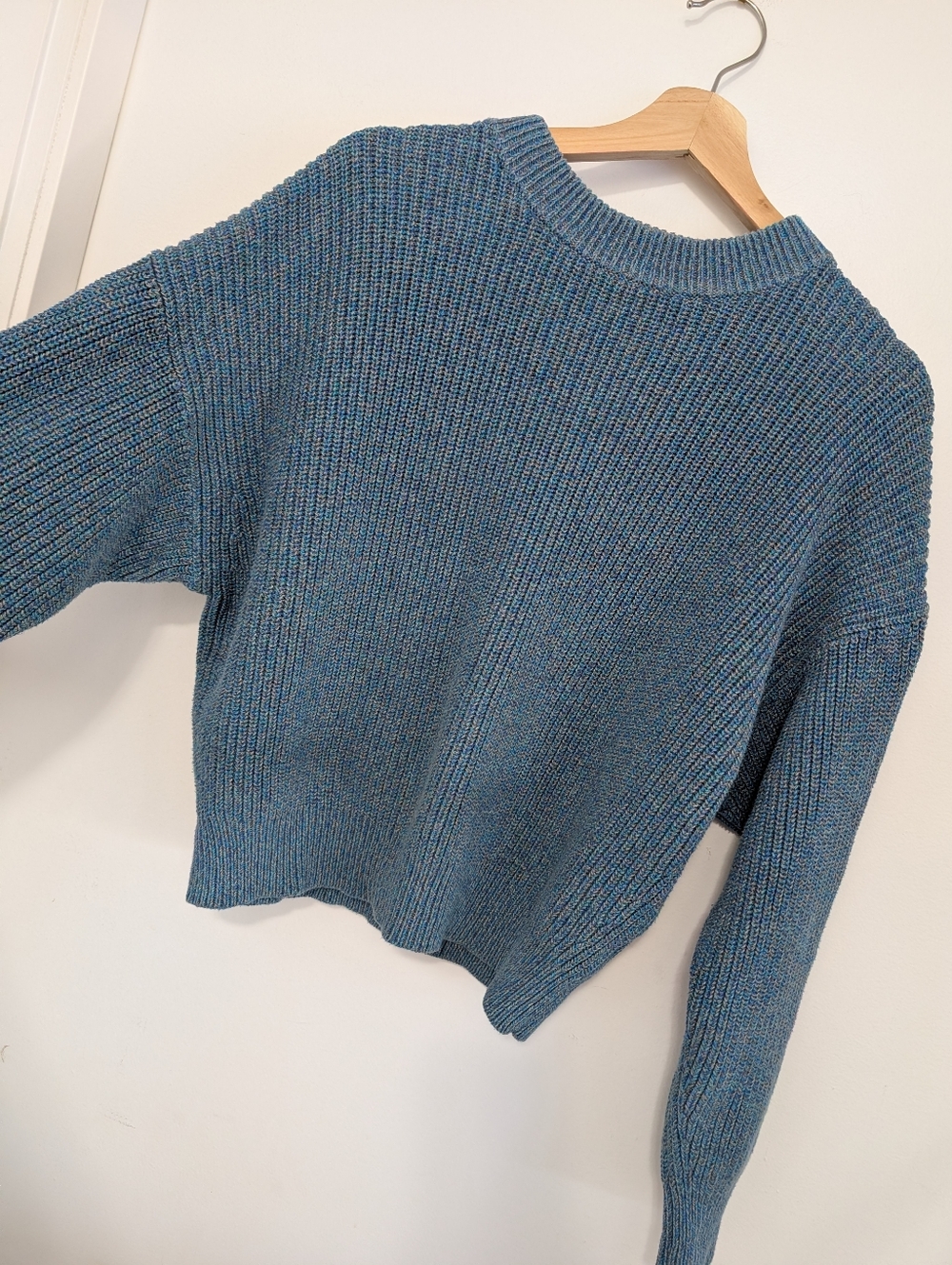 Uniqlo Small Boxy Sweater Crew Neck Grey Blue Wide Arm Cotton Knit Long Sleeve